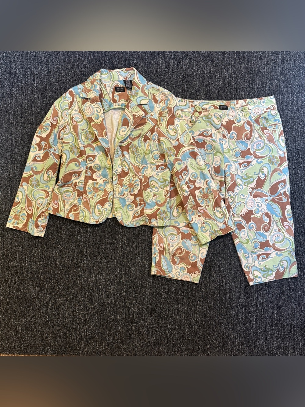 VTG Nicole Miller Psychedelic Swirl Capri Blazer Set Women’s Sz 12 Y2K Does 70’s